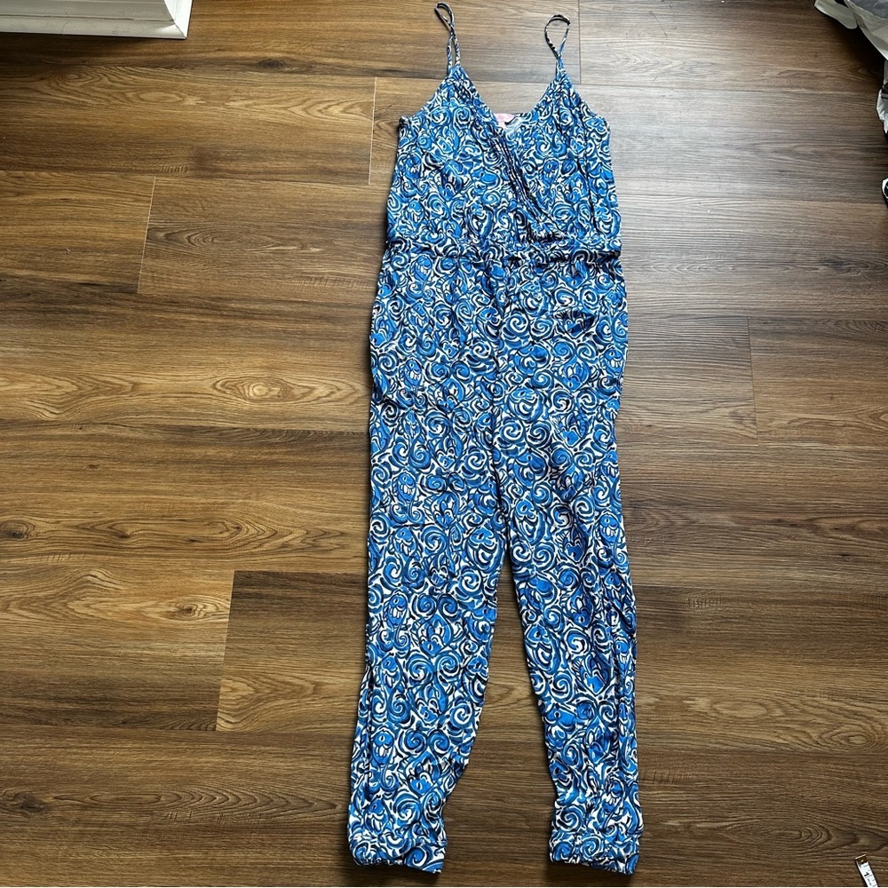 Lilly Pulitzer Floral Blue and White Jumpsuit with Wrap Top